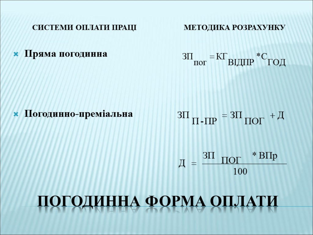 Погодинна форма оплати Системи оплати праці Методика розрахунку Пряма погодинна Погодинно-преміальна